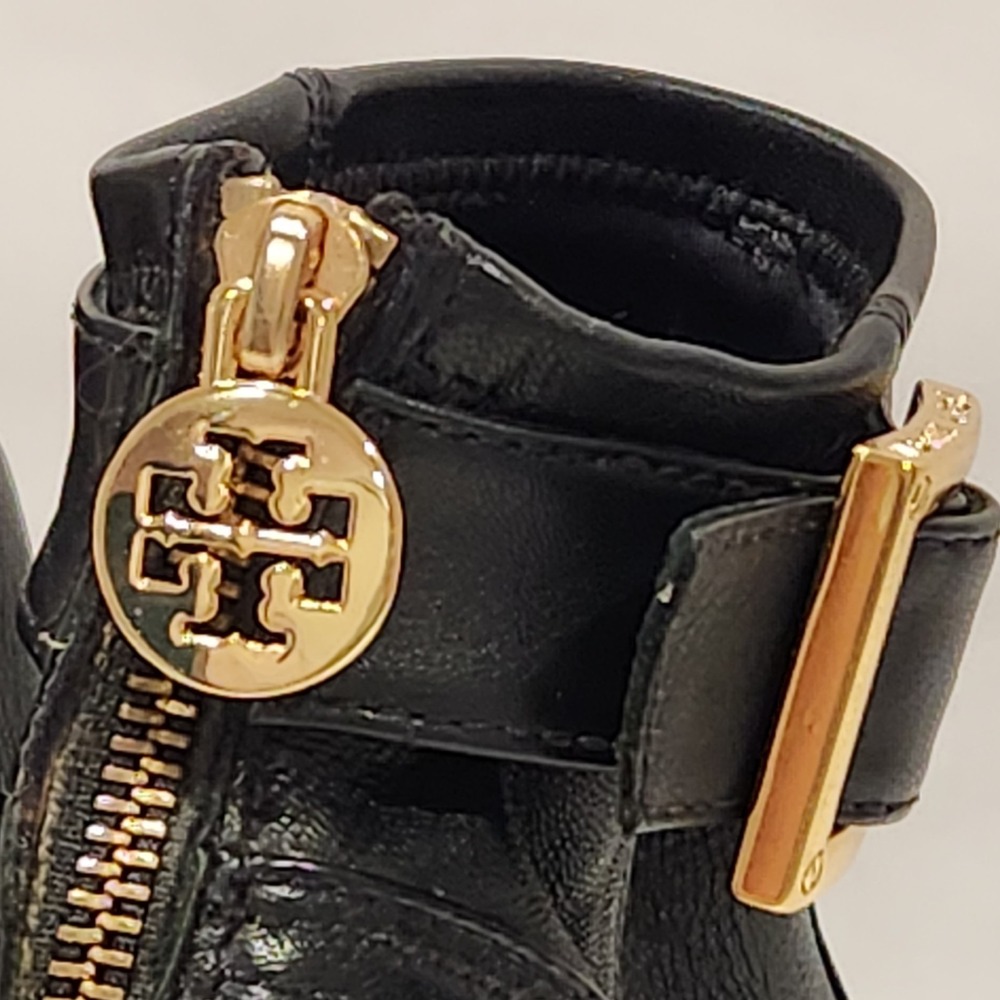 Tory Burch Melrose Ankle Boots Leather Heel Moto Black Logo Women's 7.5 Designer - Picture 5 of 16